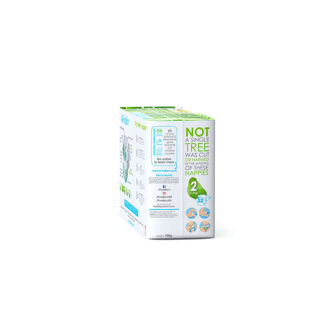 PureBorn Organic  Bamboo Baby Diapers/Single Pack| Size 2 - Pack of 32 Pcs